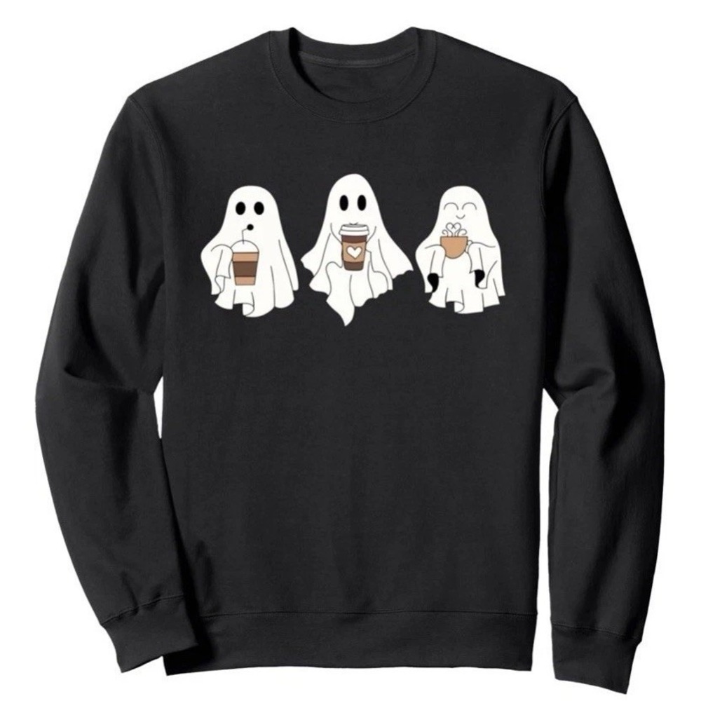Ghost Sweatshirt Women Small Black NWT Halloween Fall Coffee Crew Neck C484